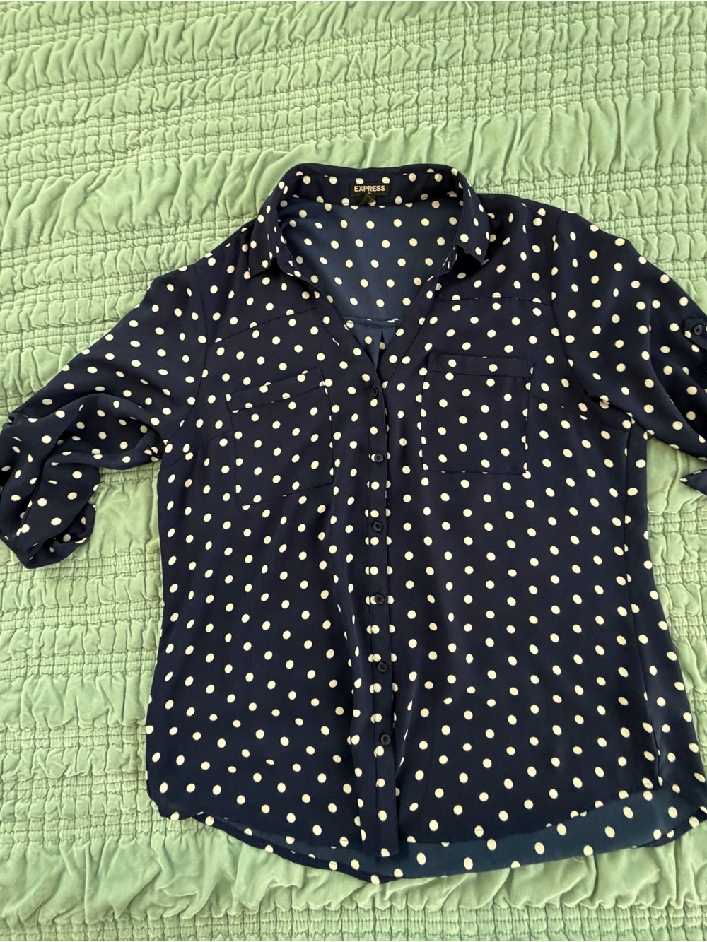 Express Navy and White Polka Dot Button-Down Blouse-Large